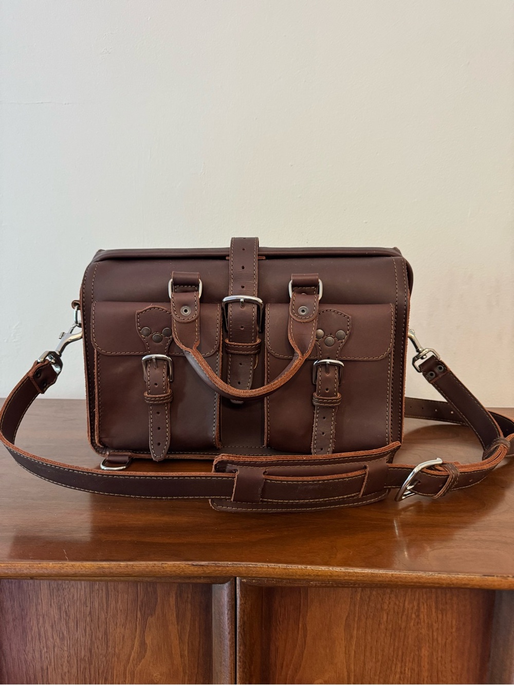 Saddleback Leather Dark Brown Messenger Bag with Buckle Straps